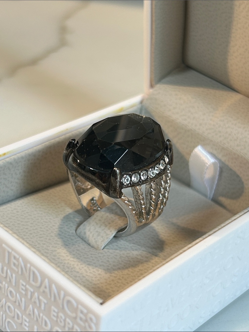 Lia Sophia Black Crystal Cocktail Ring with Clear Accents